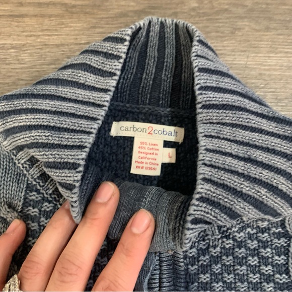 Carbon 2 Cobalt Cable Knit Zip Sweater Adult L Blue Gray Cotton Linen Stavanger - Picture 4 of 7